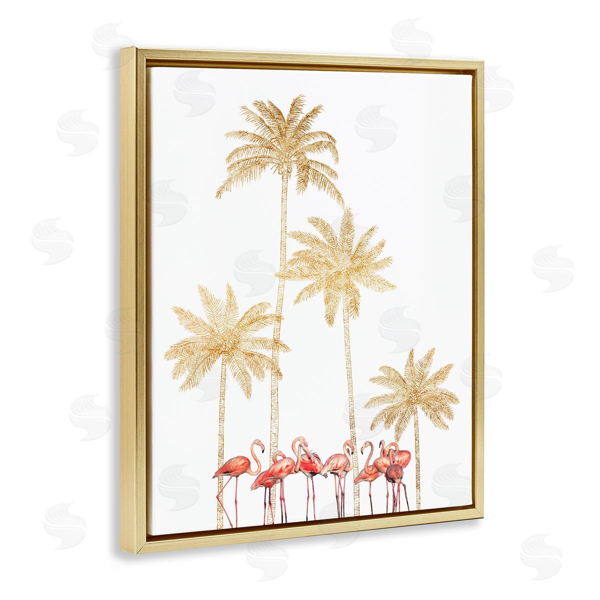Ziwei Li Pink Flamingos Tropical Gold Outline Palm Trees Gold Floater Frame Canvas Art
