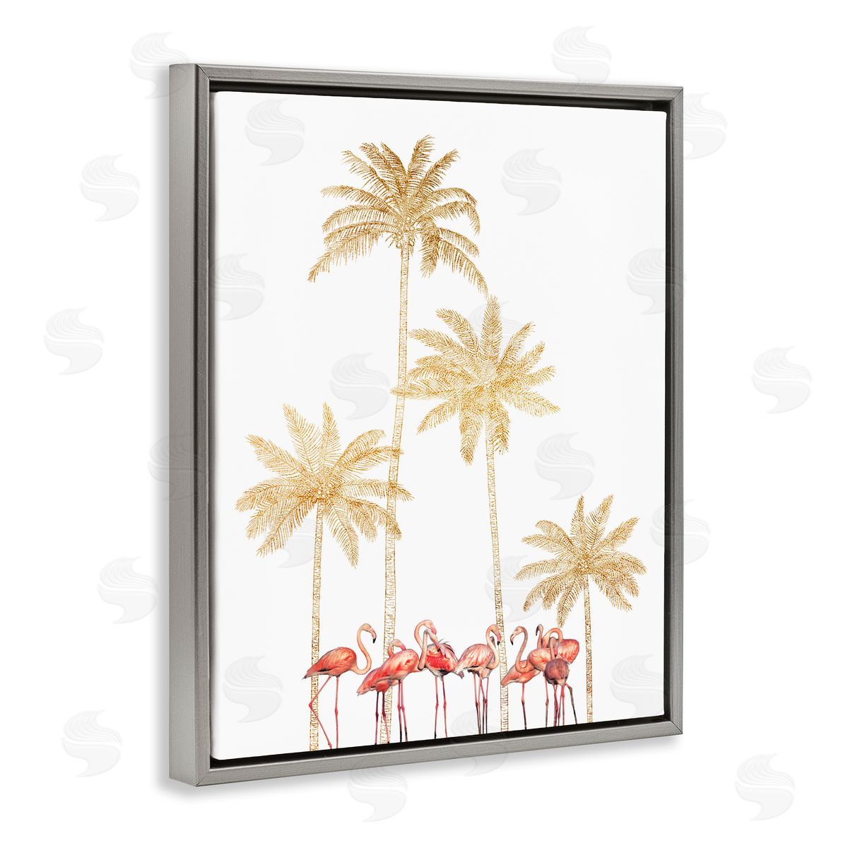Ziwei Li Pink Flamingos Tropical Gold Outline Palm Trees Gray Floater Frame Canvas Art