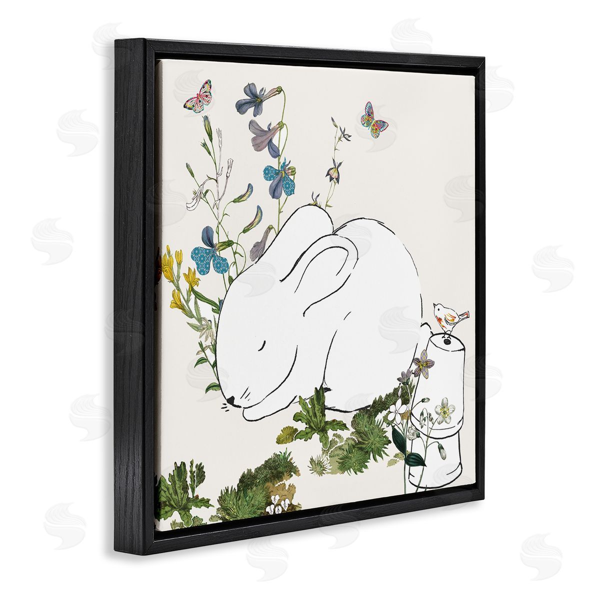 Sangita Bachelet Sleeping Bunny Rabbit Soft Butterfly Garden Black Floater Frame Canvas Art