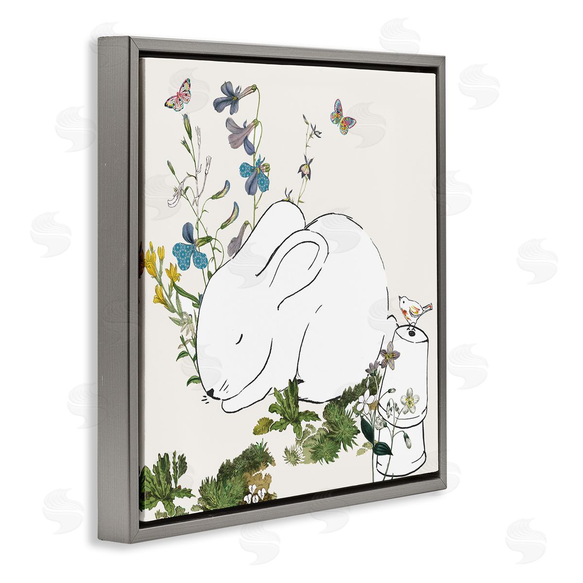 Sangita Bachelet Sleeping Bunny Rabbit Soft Butterfly Garden Gray Floater Frame Canvas Art