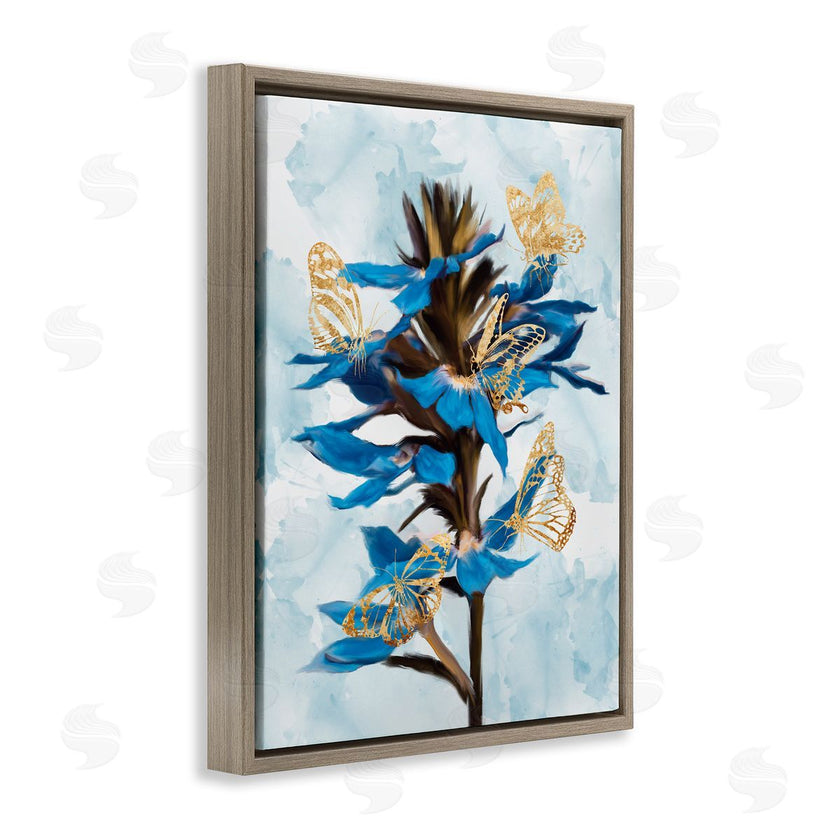 Ziwei Li | Blue Tropical Floral Blooming Gold Butterfly Outlines