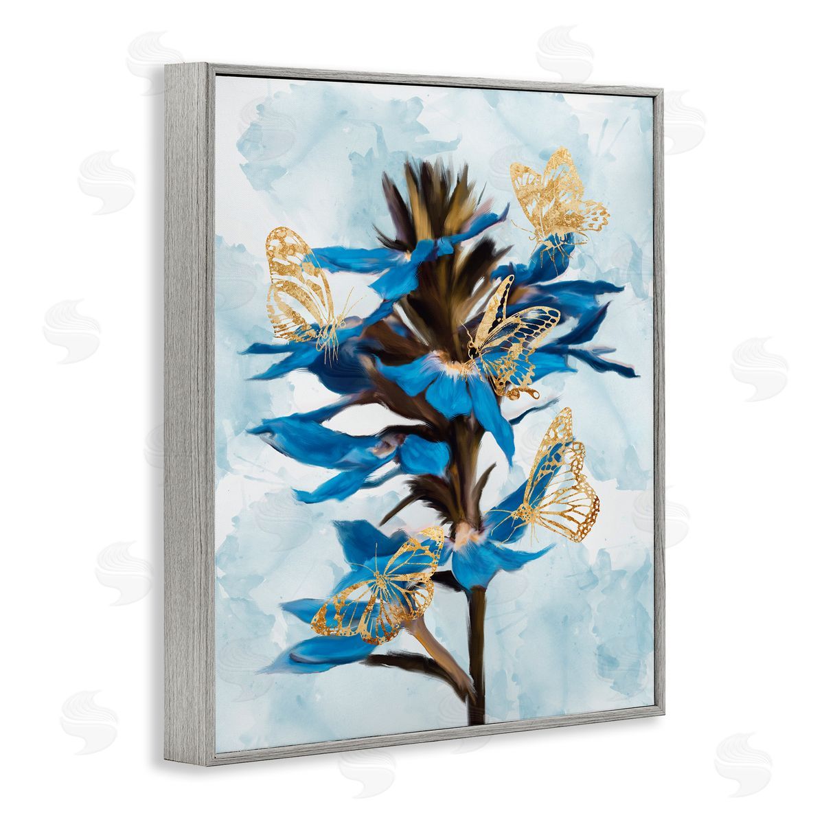 Ziwei Li Blue Tropical Floral Blooming Gold Butterfly Outlines Gray Framed Giclee Wall Art