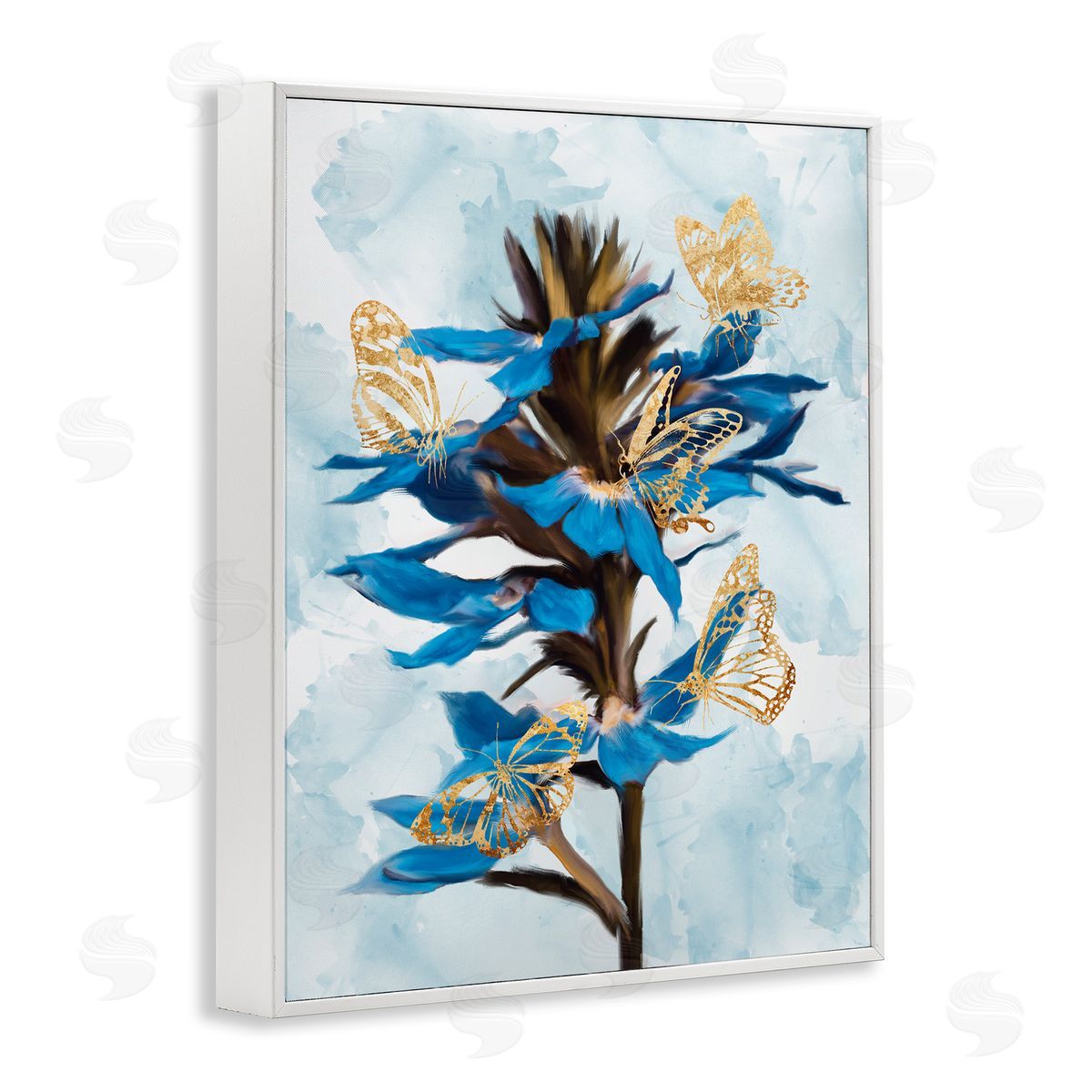 Ziwei Li Blue Tropical Floral Blooming Gold Butterfly Outlines White Framed Giclee Wall Art