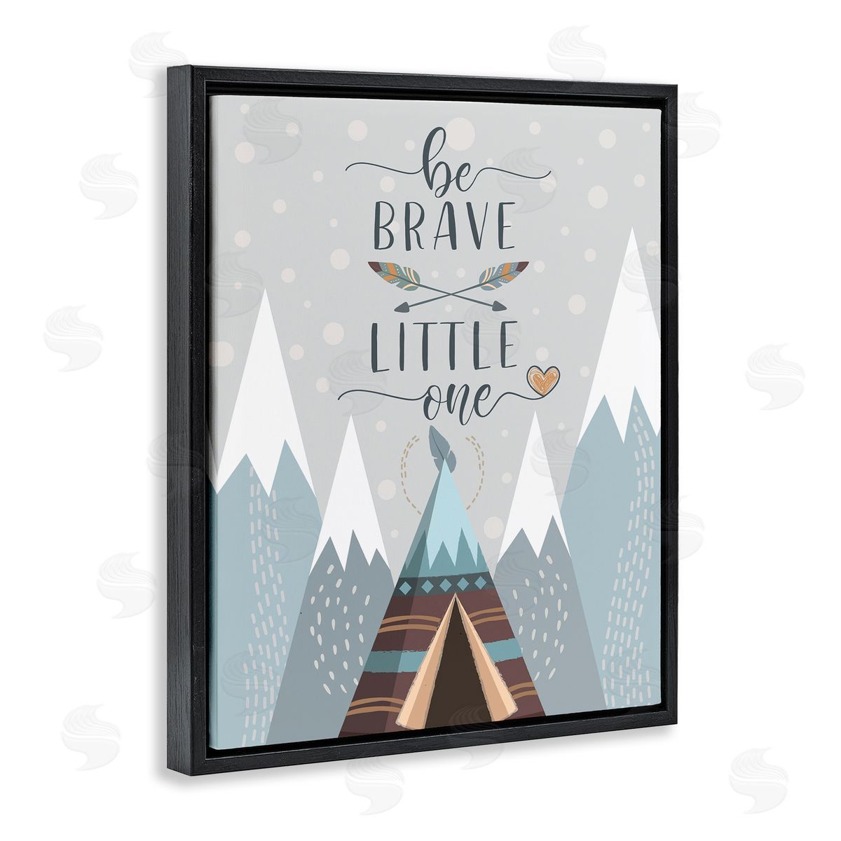 AE Design Brave Little One Phrase Snow Mountain Range Teepee Black Floater Frame Canvas Art