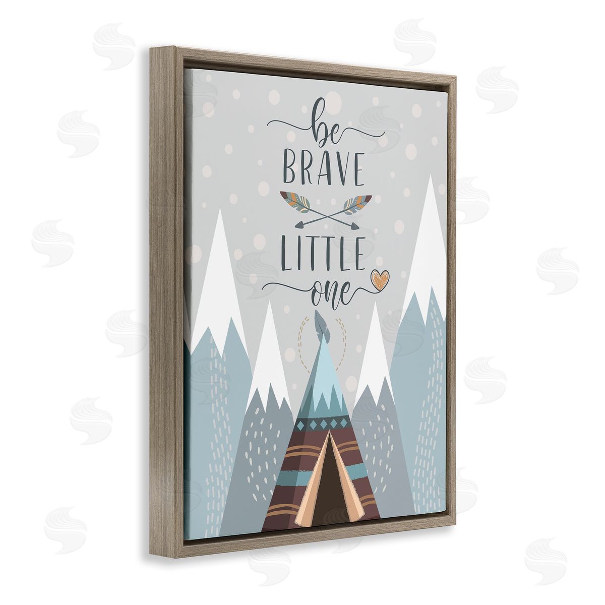 AE Design Brave Little One Phrase Snow Mountain Range Teepee Brown Floater Frame Canvas Art
