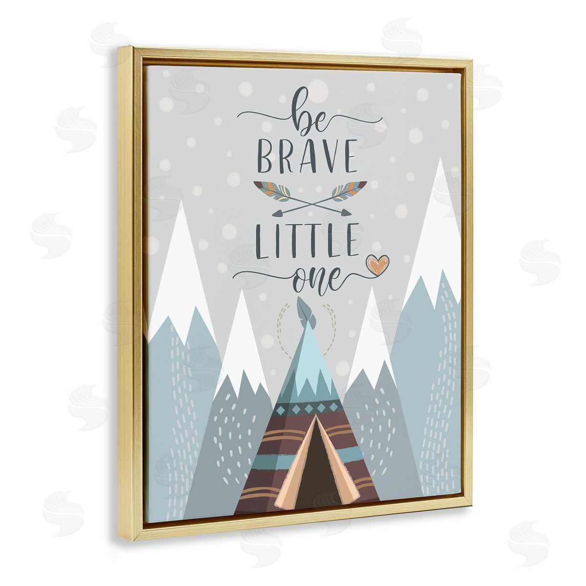 AE Design Brave Little One Phrase Snow Mountain Range Teepee Gold Floater Frame Canvas Art