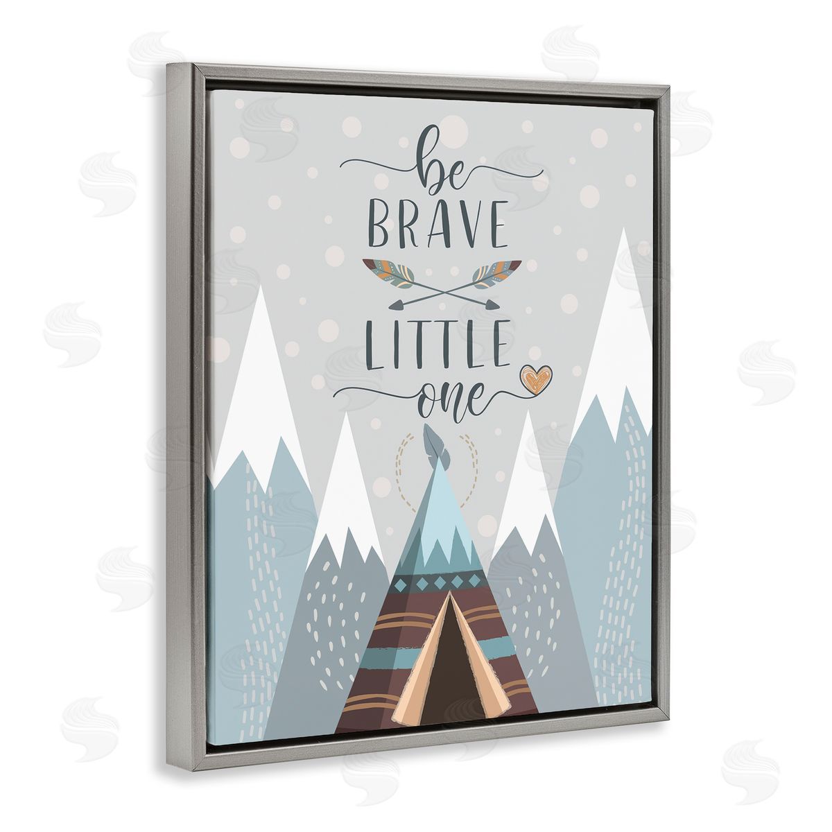 AE Design Brave Little One Phrase Snow Mountain Range Teepee Gray Floater Frame Canvas Art