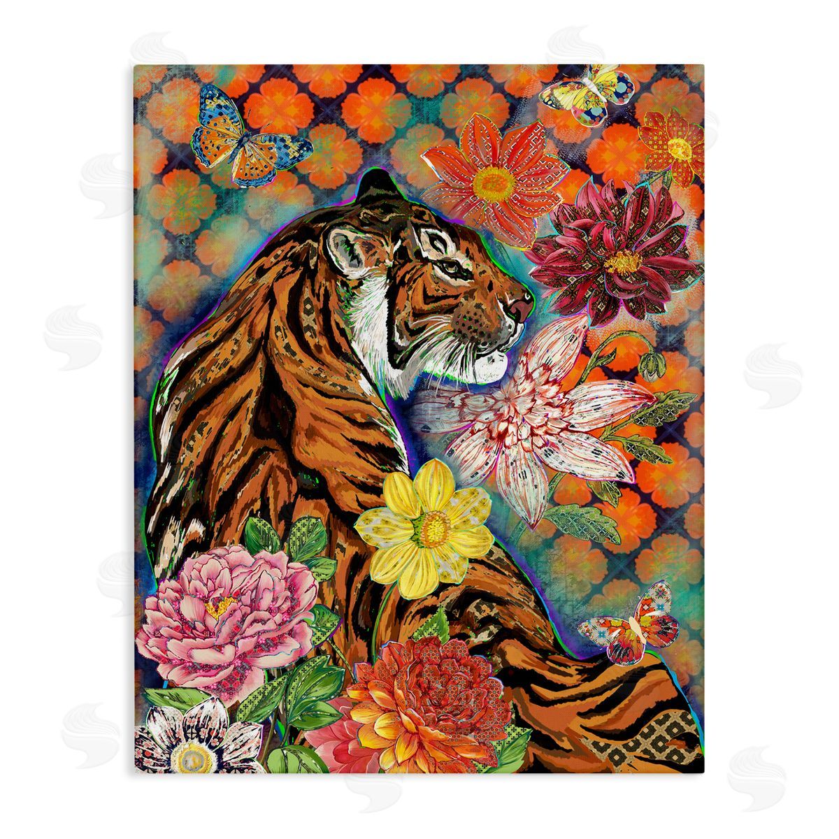 Sangita Bachelet Jungle Tiger Cat Over Orange Arabesque Floral Pattern Canvas Wall Art