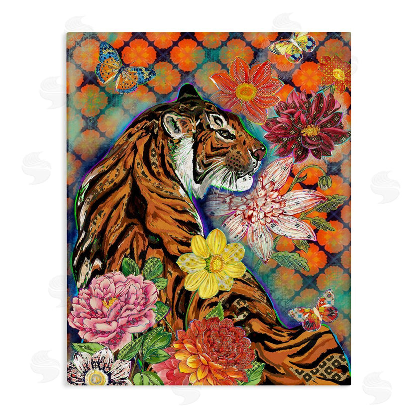 Sangita Bachelet | Jungle Tiger Cat Over Orange Arabesque Floral Pattern
