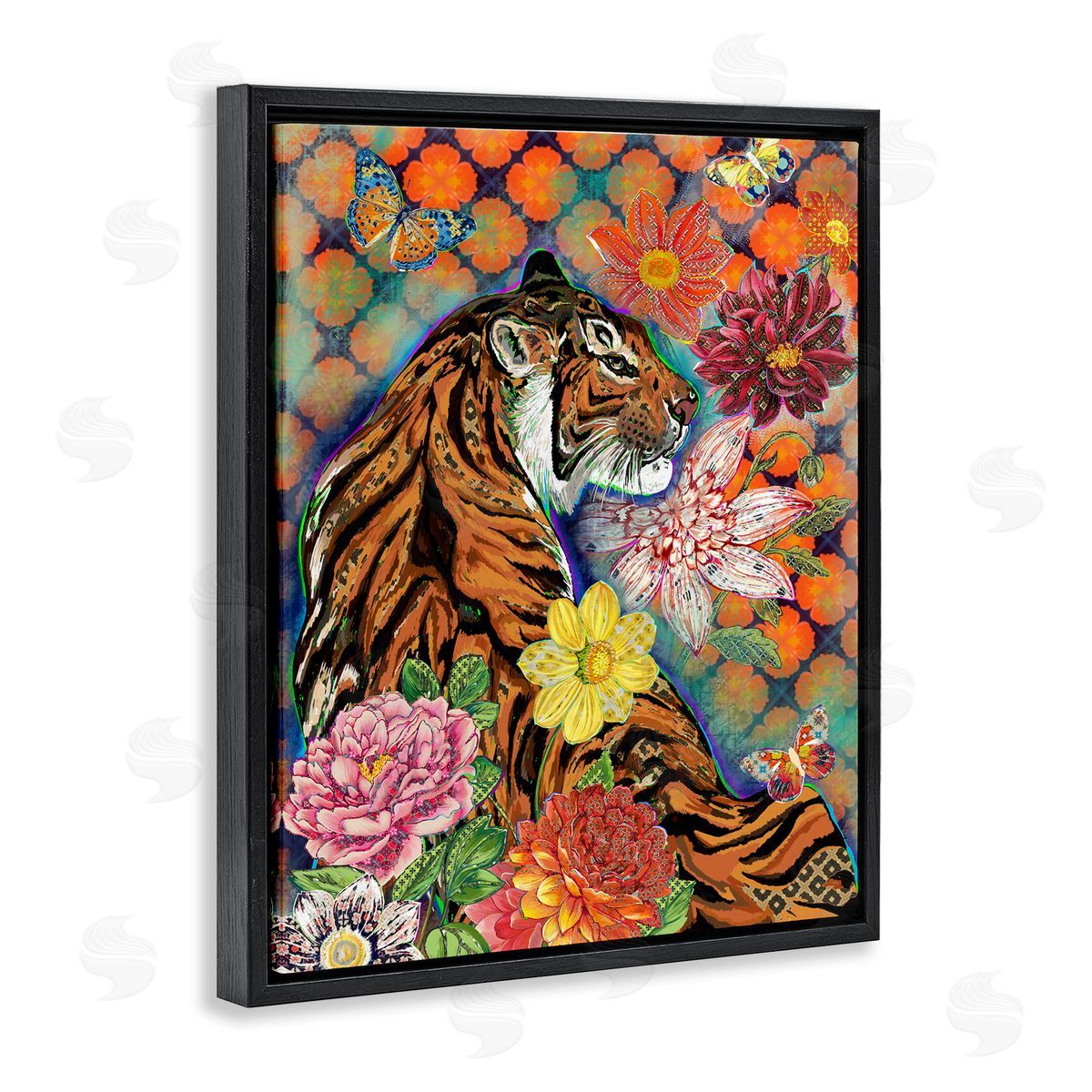Sangita Bachelet Jungle Tiger Cat Over Orange Arabesque Floral Pattern Black Floater Frame Canvas Art