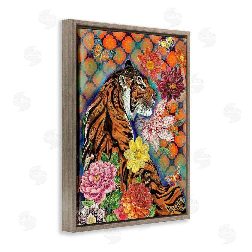Sangita Bachelet | Jungle Tiger Cat Over Orange Arabesque Floral Pattern