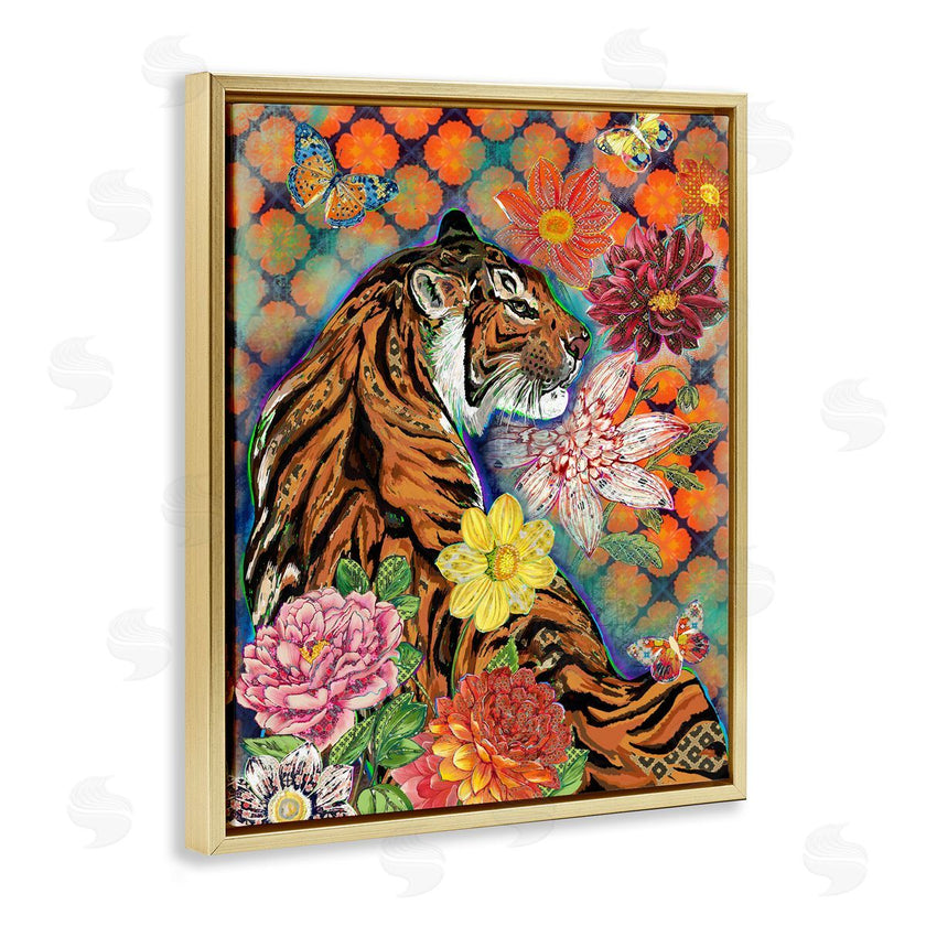 Sangita Bachelet | Jungle Tiger Cat Over Orange Arabesque Floral Pattern
