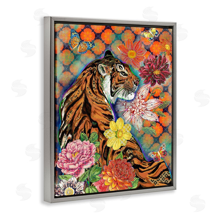 Sangita Bachelet | Jungle Tiger Cat Over Orange Arabesque Floral Pattern