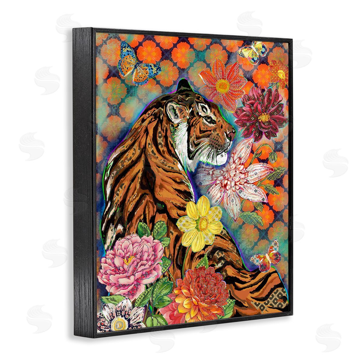 Sangita Bachelet Jungle Tiger Cat Over Orange Arabesque Floral Pattern Black Framed Giclee Wall Art