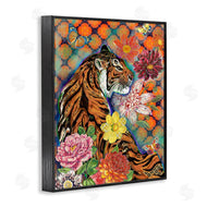 Sangita Bachelet | Jungle Tiger Cat Over Orange Arabesque Floral Pattern