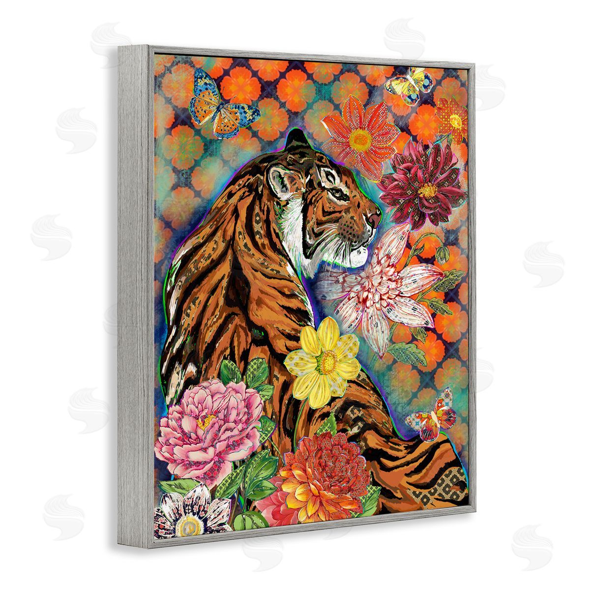 Sangita Bachelet Jungle Tiger Cat Over Orange Arabesque Floral Pattern Gray Framed Giclee Wall Art