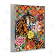 Sangita Bachelet | Jungle Tiger Cat Over Orange Arabesque Floral Pattern