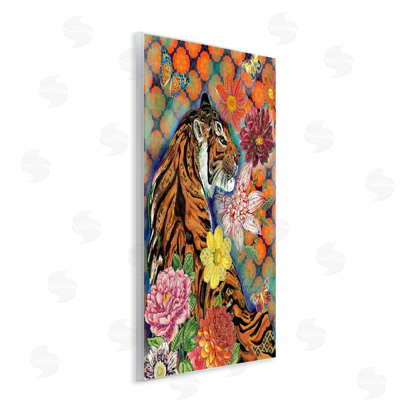 Sangita Bachelet | Jungle Tiger Cat Over Orange Arabesque Floral Pattern