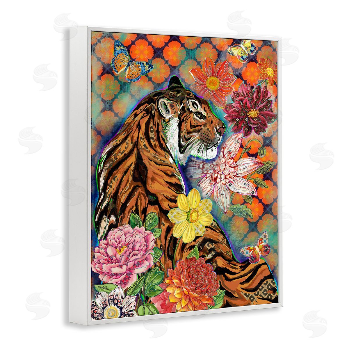 Sangita Bachelet Jungle Tiger Cat Over Orange Arabesque Floral Pattern White Framed Giclee Wall Art
