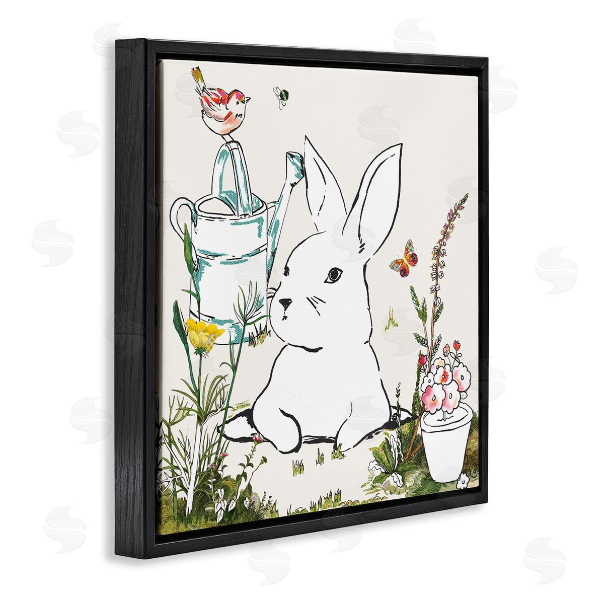 Sangita Bachelet Curious Bunny Rabbit Butterfly Garden Florals Black Floater Frame Canvas Art