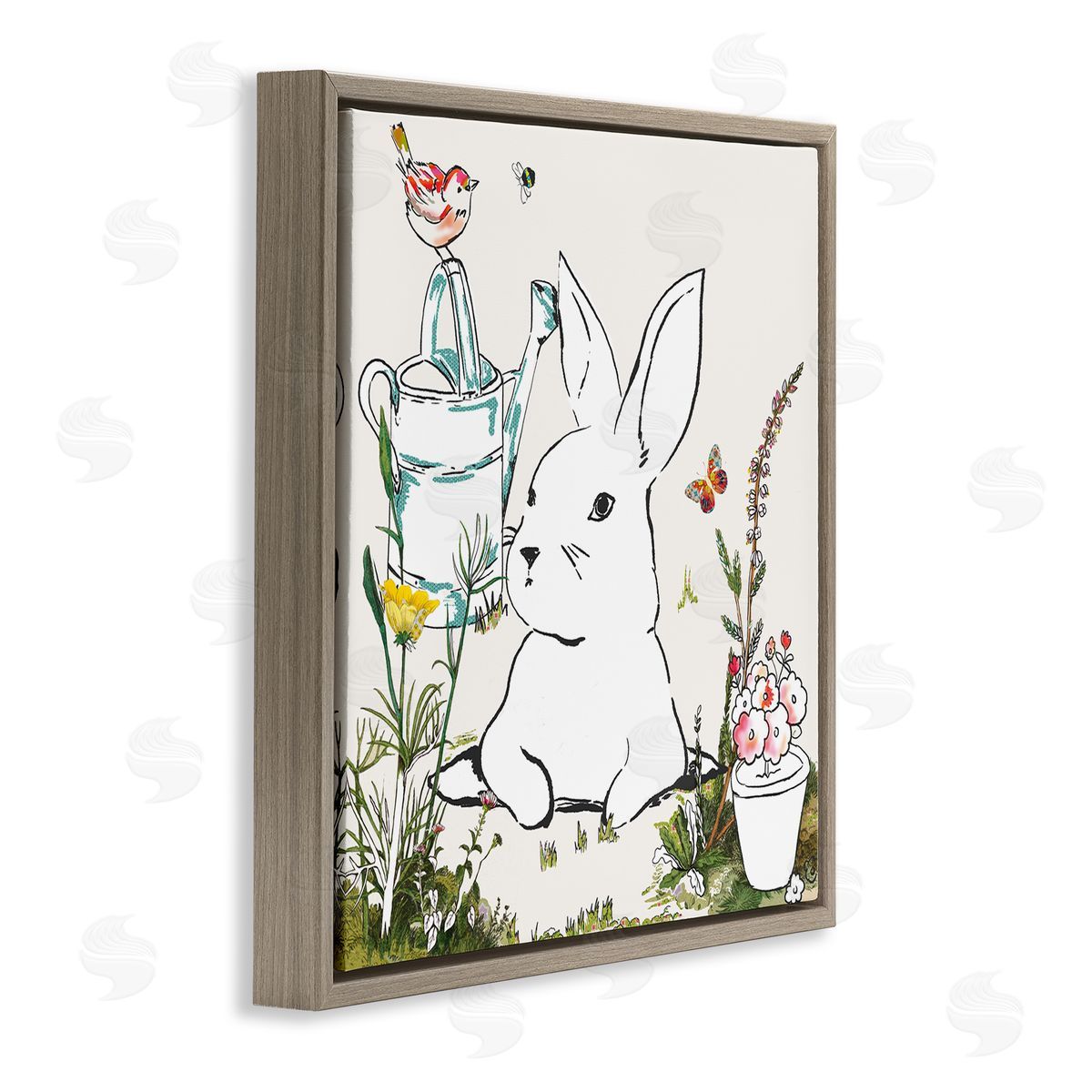 Sangita Bachelet Curious Bunny Rabbit Butterfly Garden Florals Brown Floater Frame Canvas Art
