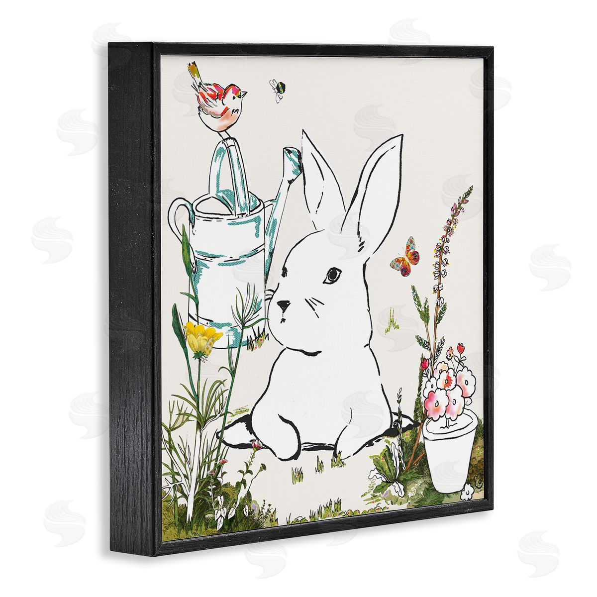 Sangita Bachelet Curious Bunny Rabbit Butterfly Garden Florals Black Framed Giclee Wall Art