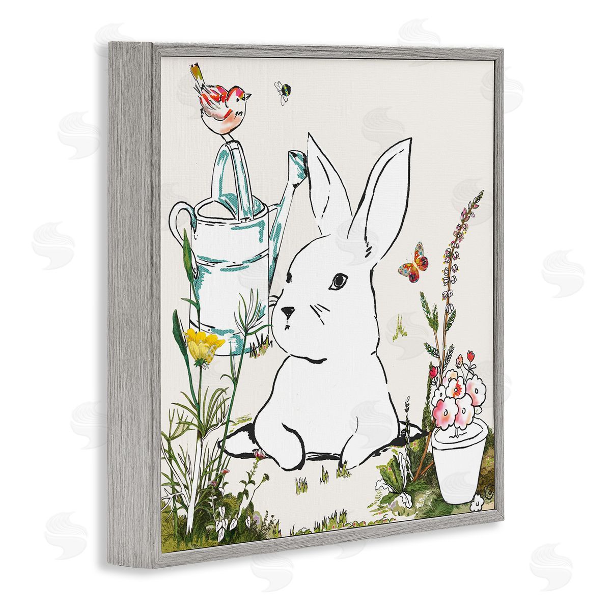 Sangita Bachelet Curious Bunny Rabbit Butterfly Garden Florals Gray Framed Giclee Wall Art