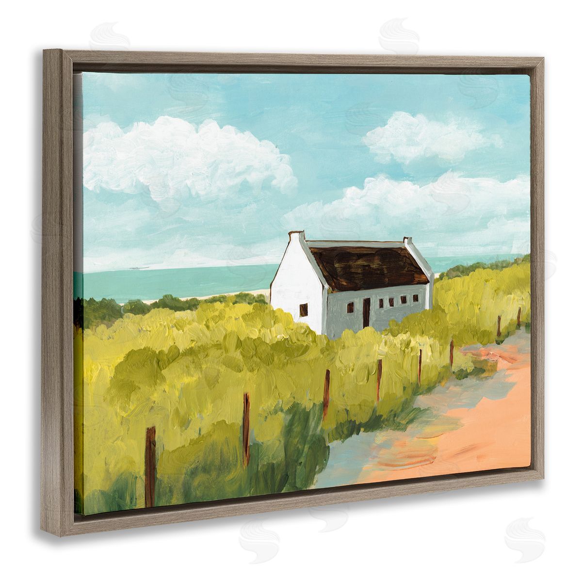 Bart E. Slyp White Cabin Architecture Grassy Coastal Beach Landscape Brown Floater Frame Canvas Art