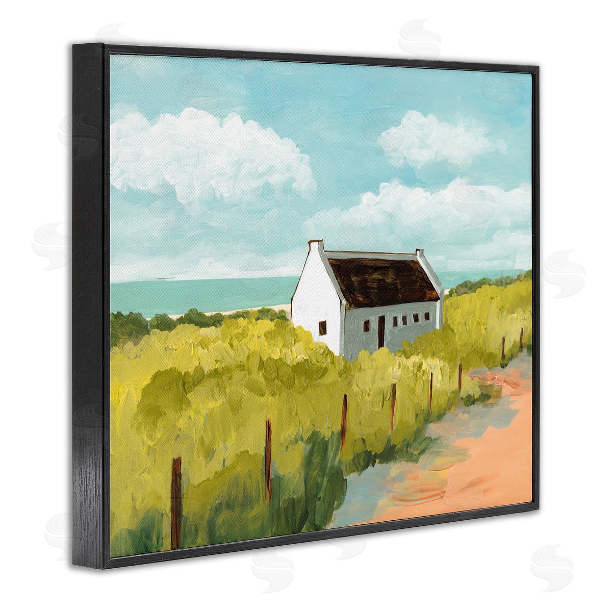 Bart E. Slyp White Cabin Architecture Grassy Coastal Beach Landscape Black Framed Giclee Wall Art