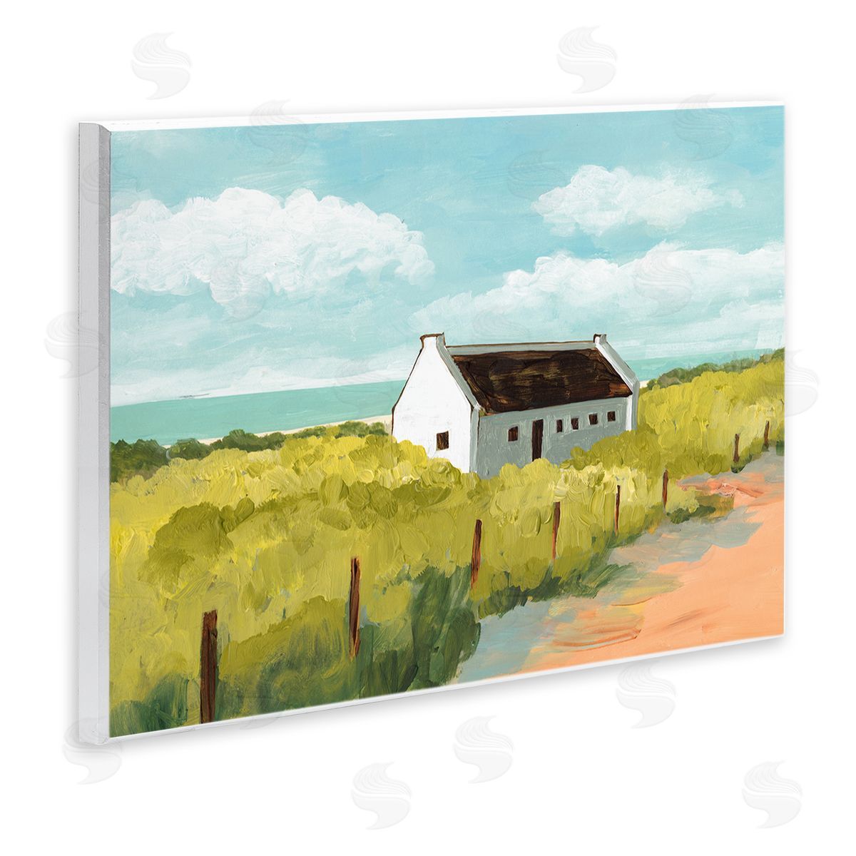 Bart E. Slyp White Cabin Architecture Grassy Coastal Beach Landscape Wall Plaque Art
