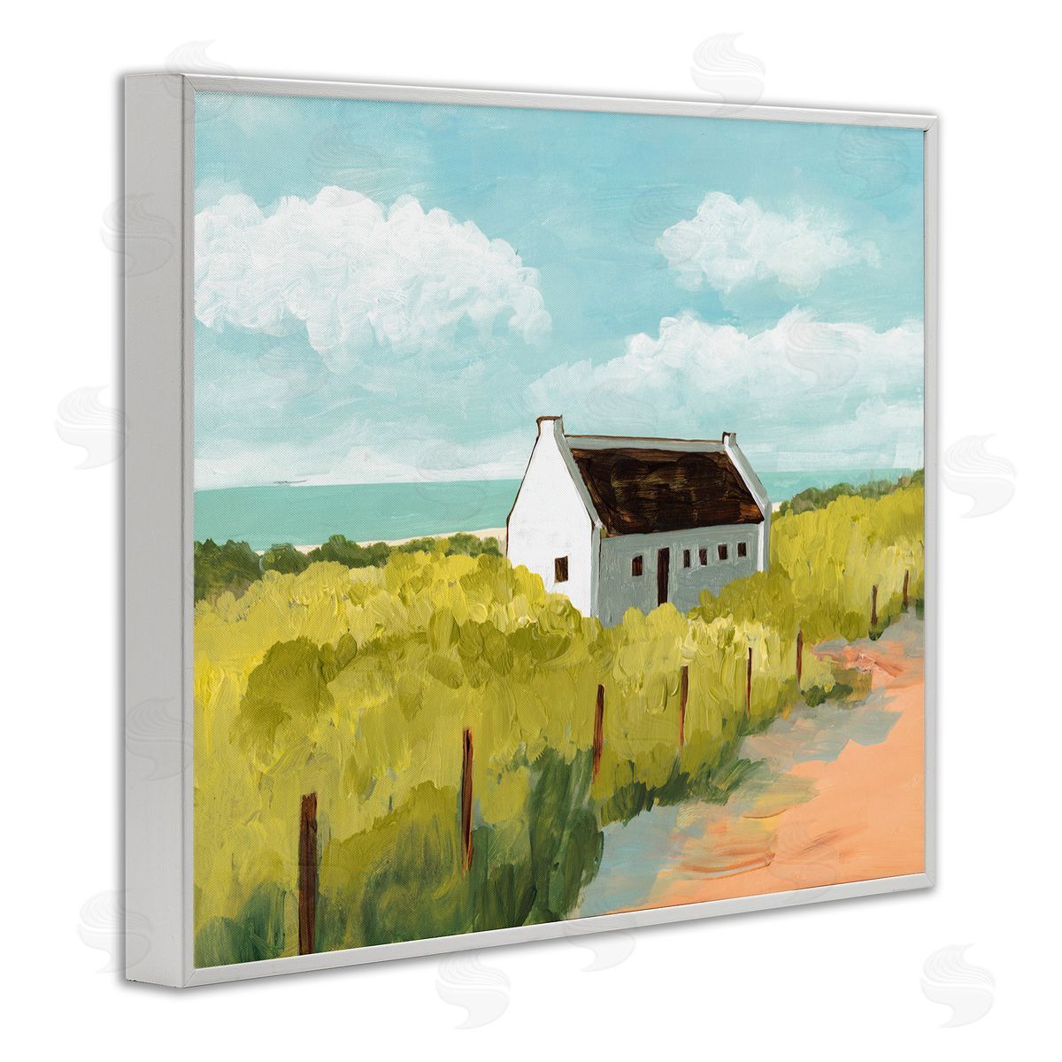 Bart E. Slyp White Cabin Architecture Grassy Coastal Beach Landscape White Framed Giclee Wall Art