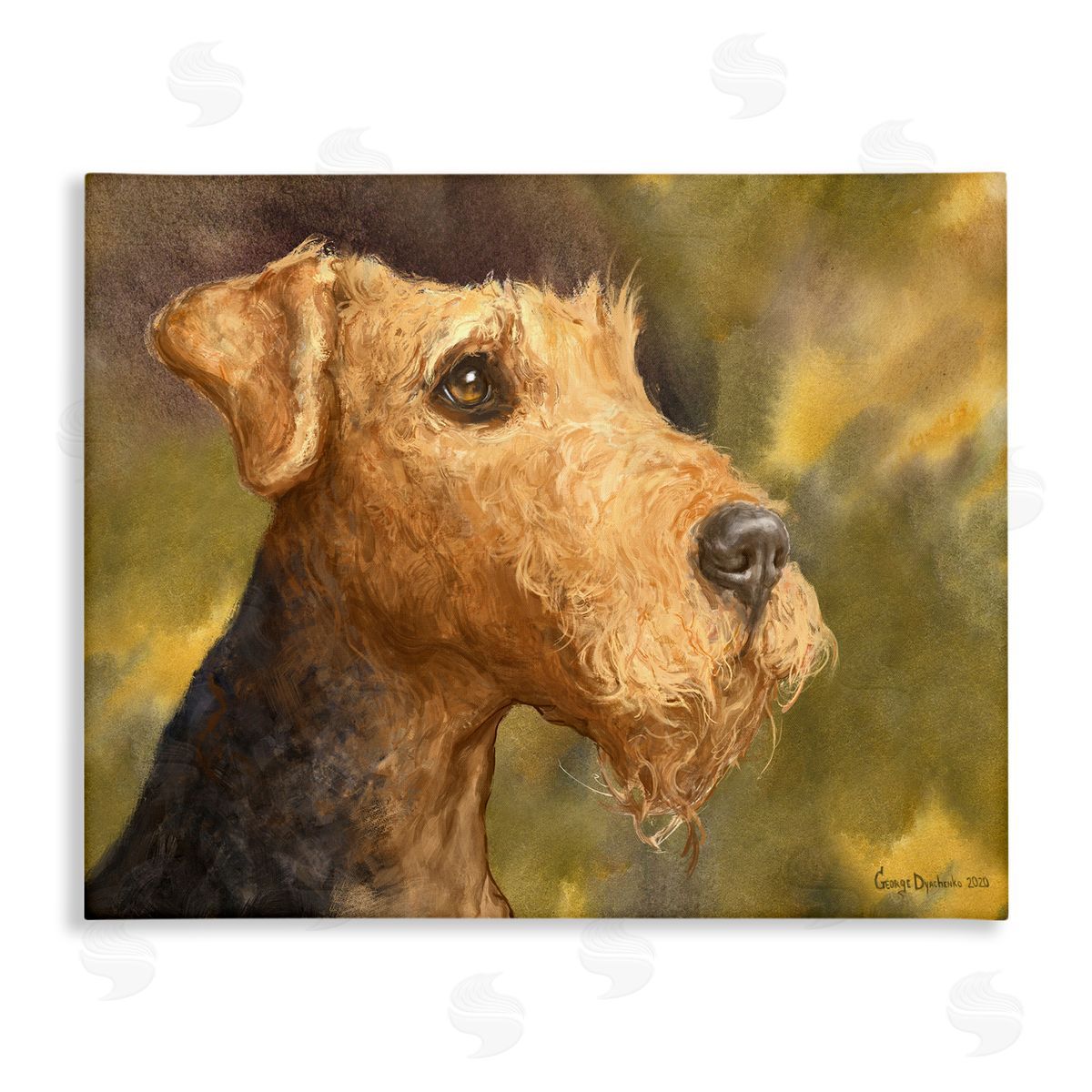 George Dyachenko Airedale Terrier Dog Watercolor Pet Portrait Green Brown Canvas Wall Art