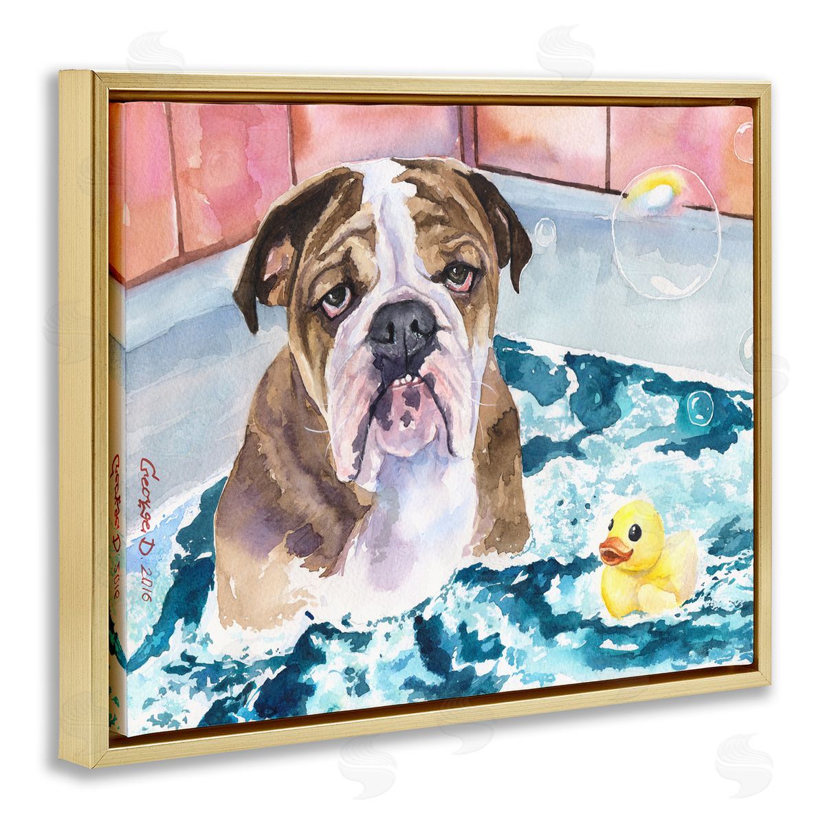 George Dyachenko English Bulldog In Bathtub Rubber Duck Bubbles Gold Floater Frame Canvas Art