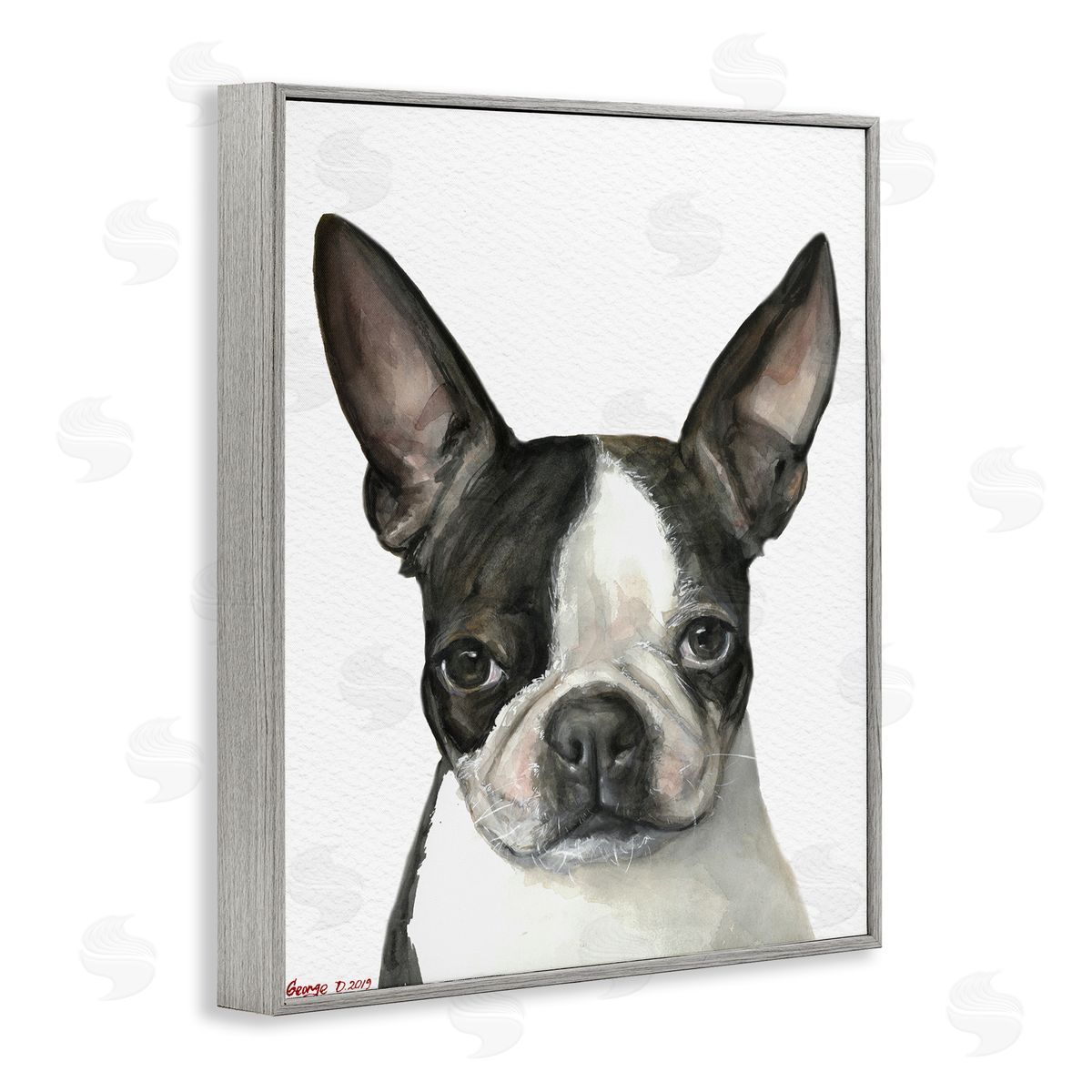 George Dyachenko Minimal Boston Terrier Portrait Pet Dog Black White Gray Framed Giclee Wall Art