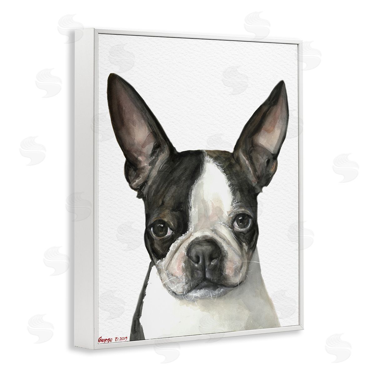 George Dyachenko Minimal Boston Terrier Portrait Pet Dog Black White White Framed Giclee Wall Art