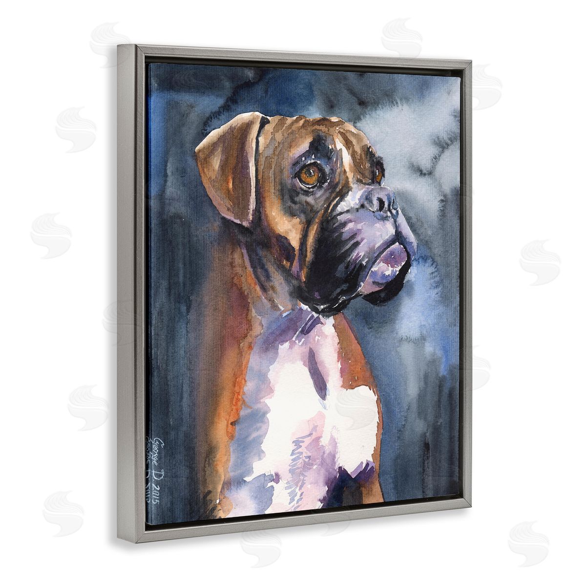 George Dyachenko Adorable Boxer Pet Dog Dark Mist Portrait Gray Floater Frame Canvas Art