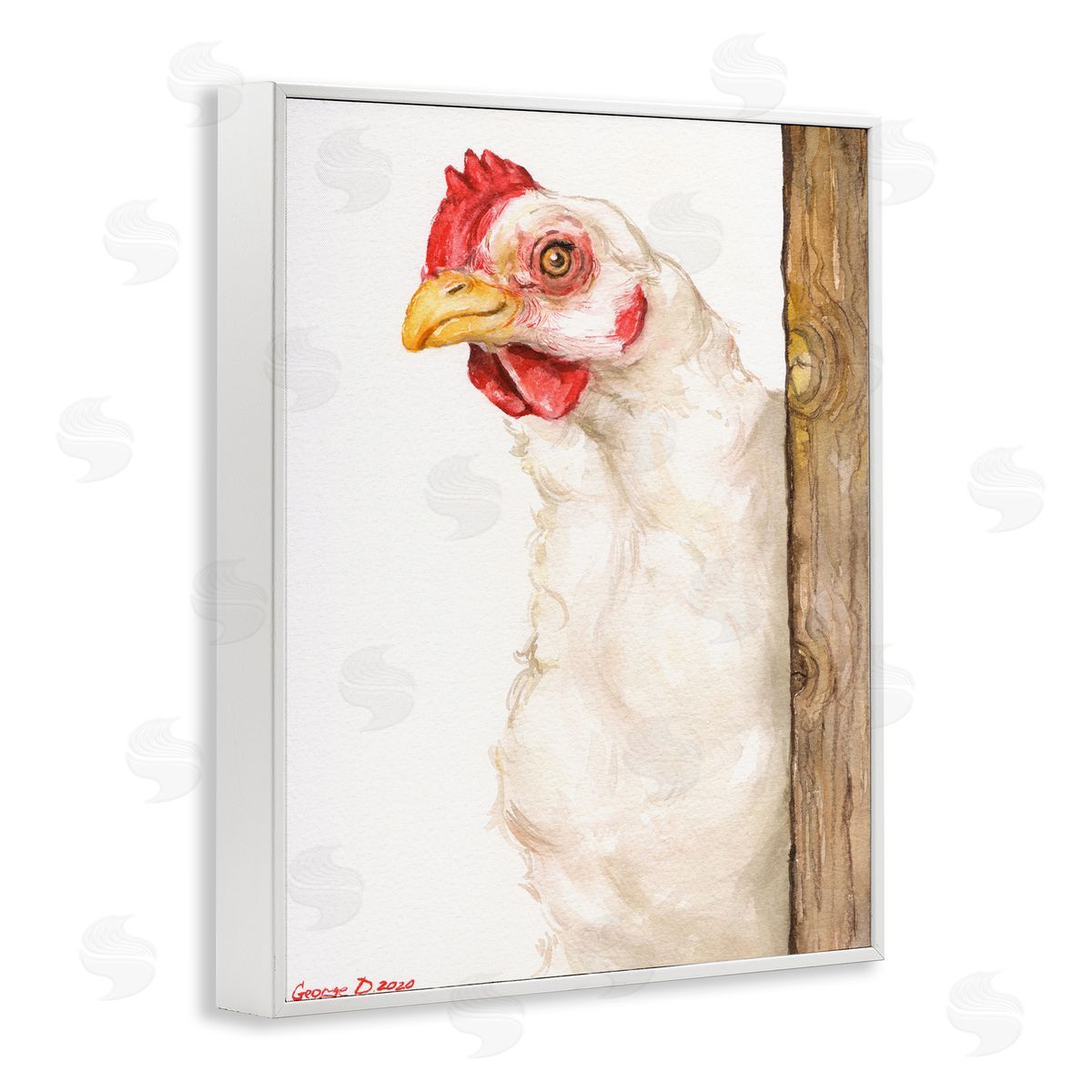 George Dyachenko Chicken Behind Fence Farm Animal Portrait  White Framed Giclee Wall Art
