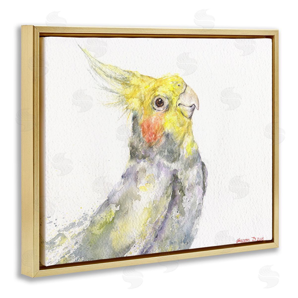 George Dyachenko Cockatiel Bird Portrait Tropical Yellow Grey Pet Gold Floater Frame Canvas Art