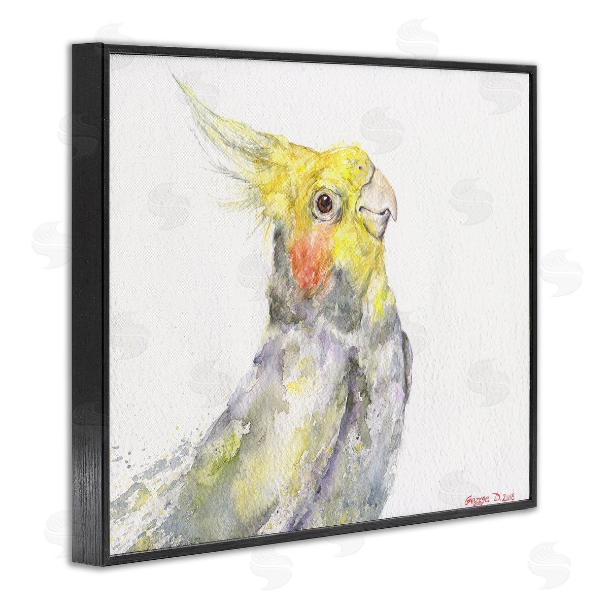 George Dyachenko Cockatiel Bird Portrait Tropical Yellow Grey Pet Black Framed Giclee Wall Art