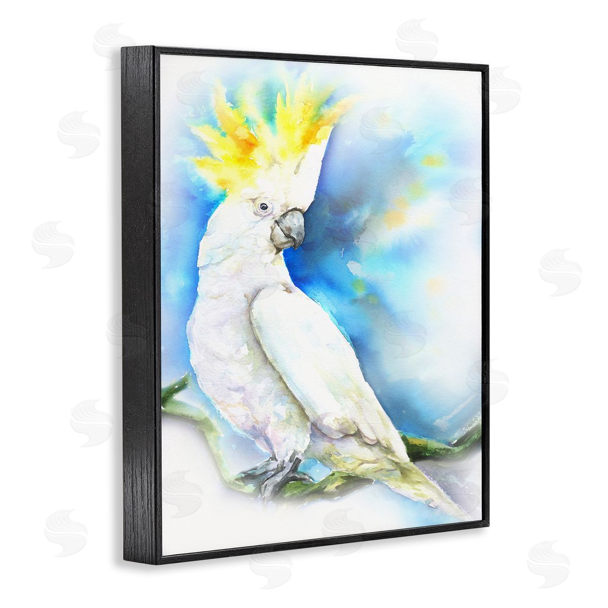 George Dyachenko Cockatoo Bird on Branch Over Vibrant Blue Black Framed Giclee Wall Art