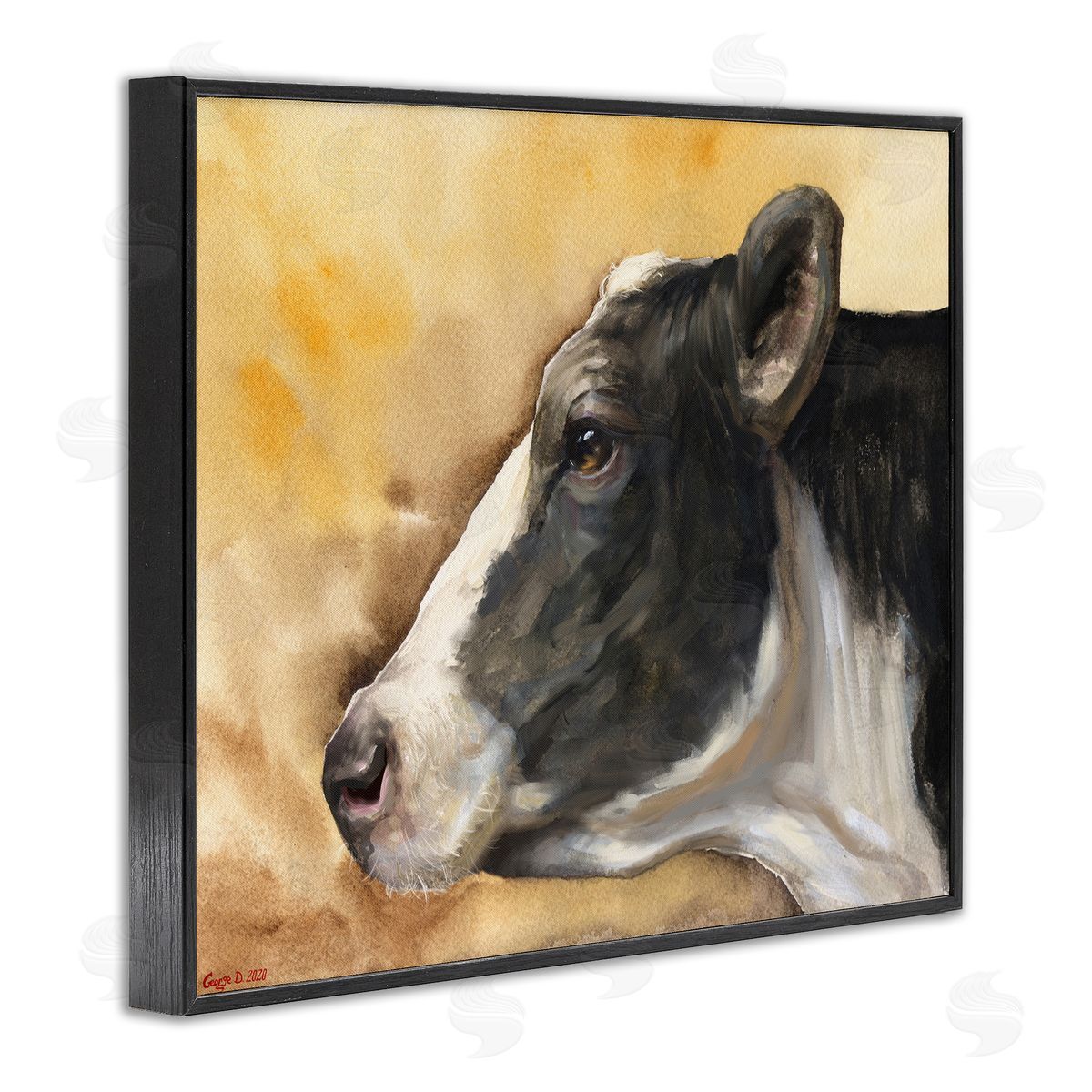 George Dyachenko Pensive Cow Portrait Farm Animal Over Brown Black Framed Giclee Wall Art