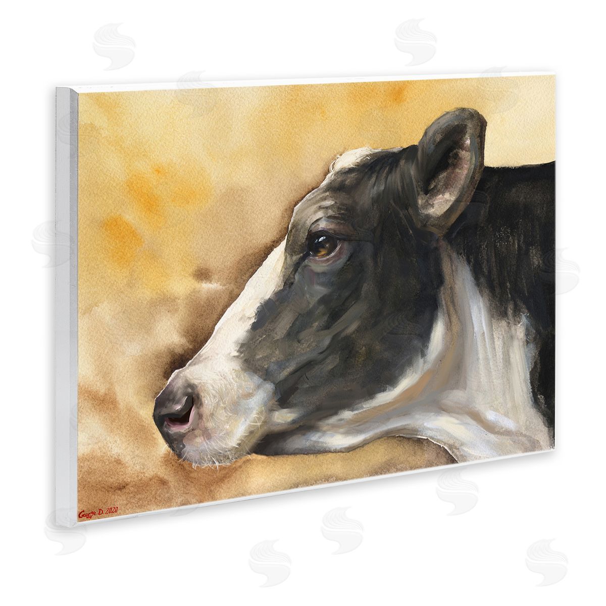 George Dyachenko Pensive Cow Portrait Farm Animal Over Brown Wall Plaque Art
