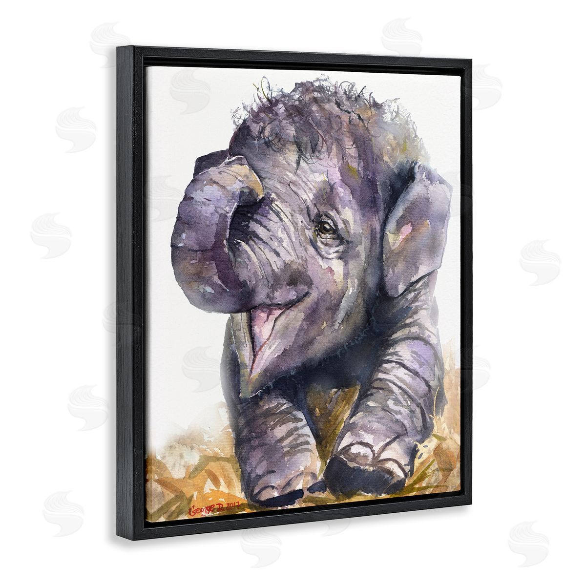 George Dyachenko Baby Elephant Yawning Adorable Safari Animal Portrait Black Floater Frame Canvas Art