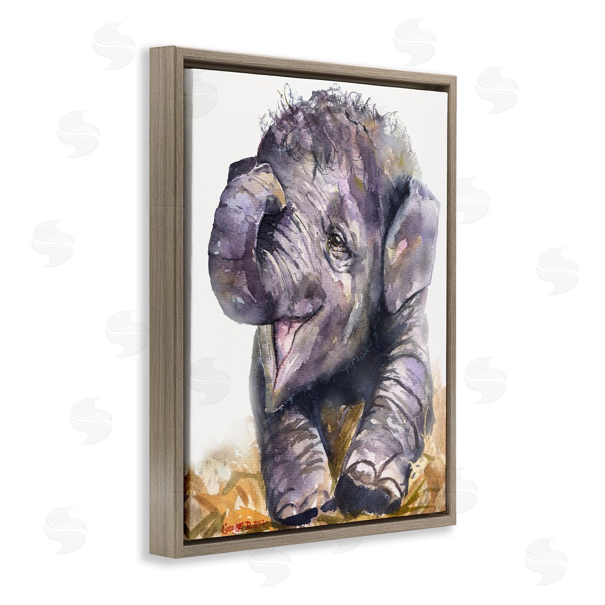 George Dyachenko Baby Elephant Yawning Adorable Safari Animal Portrait Brown Floater Frame Canvas Art