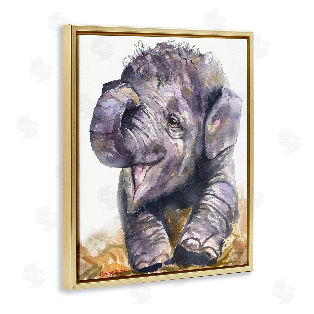 George Dyachenko Baby Elephant Yawning Adorable Safari Animal Portrait Gold Floater Frame Canvas Art