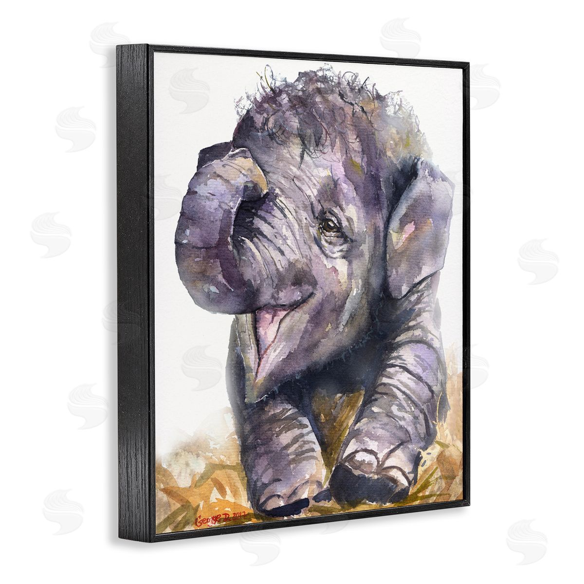 George Dyachenko Baby Elephant Yawning Adorable Safari Animal Portrait Black Framed Giclee Wall Art