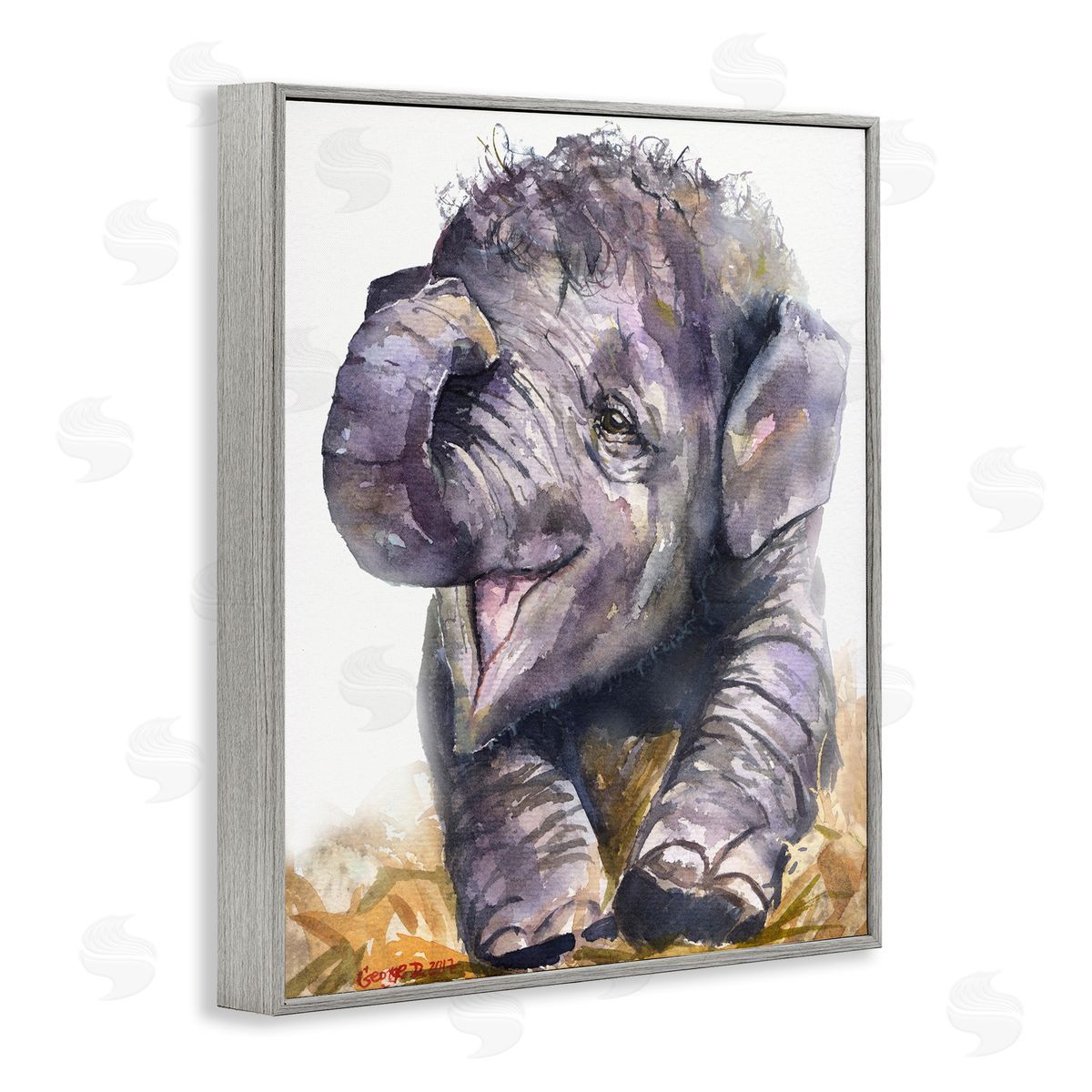 George Dyachenko Baby Elephant Yawning Adorable Safari Animal Portrait Gray Framed Giclee Wall Art