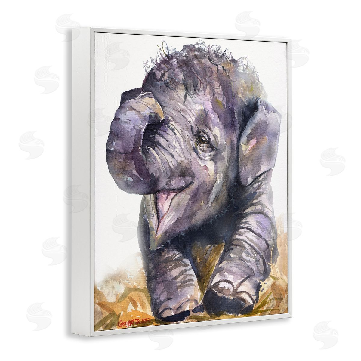 George Dyachenko Baby Elephant Yawning Adorable Safari Animal Portrait White Framed Giclee Wall Art