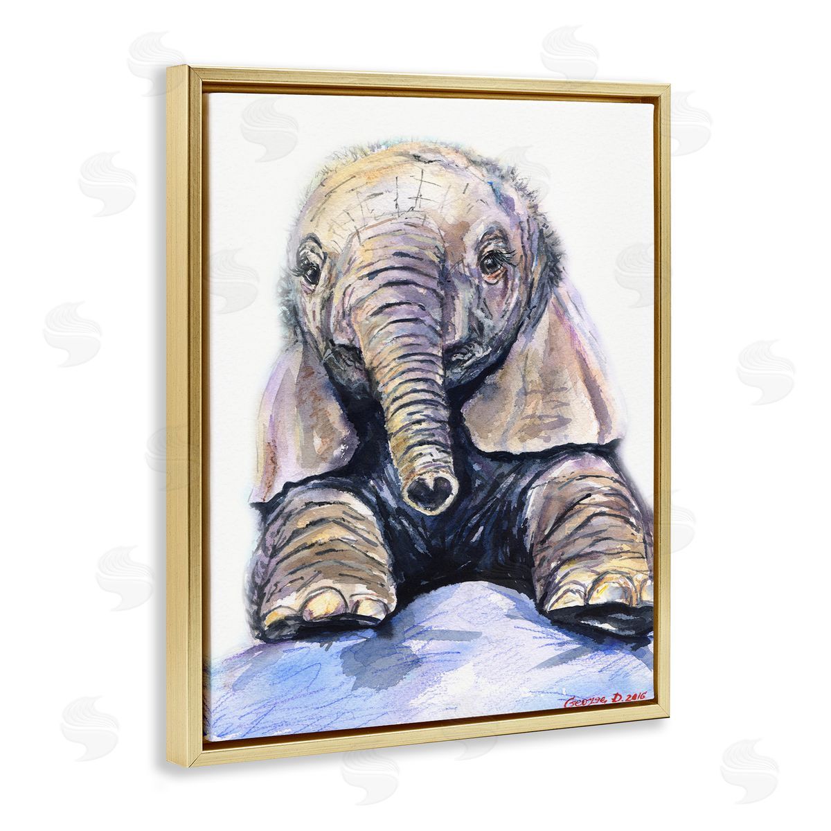 George Dyachenko Baby Elephant Small Trunk Adorable Safari Animal Gold Floater Frame Canvas Art