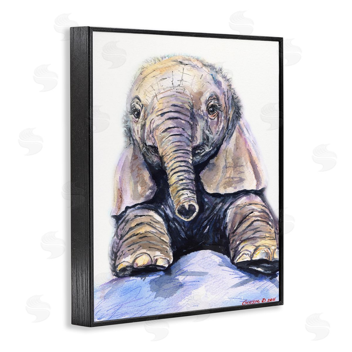 George Dyachenko Baby Elephant Small Trunk Adorable Safari Animal Black Framed Giclee Wall Art